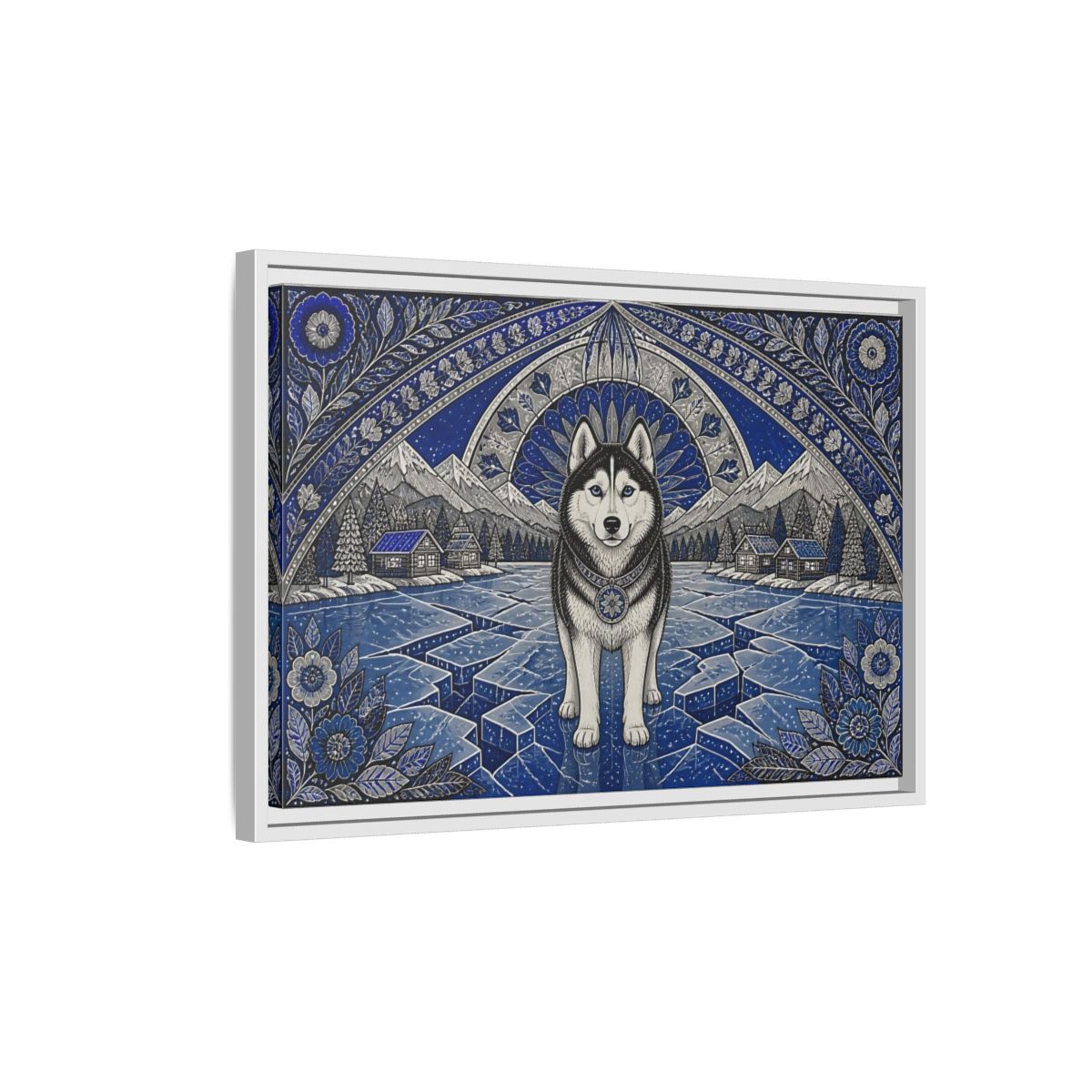 Side Mockup 1. Blue Husky Winter Guardian shown as framed canvas print