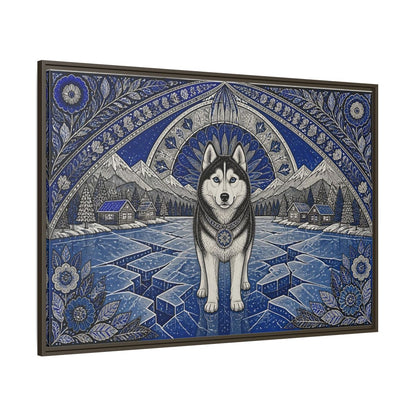 Side Mockup 8. Blue Husky Winter Guardian shown as framed canvas print