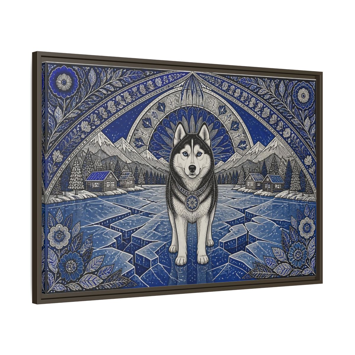 Main Mockup. Blue Husky Winter Guardian shown as framed canvas print