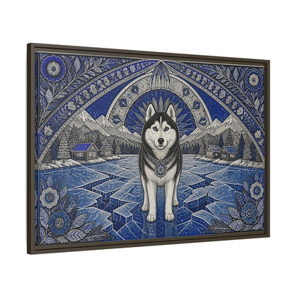 Main Mockup. Blue Husky Winter Guardian shown as framed canvas print