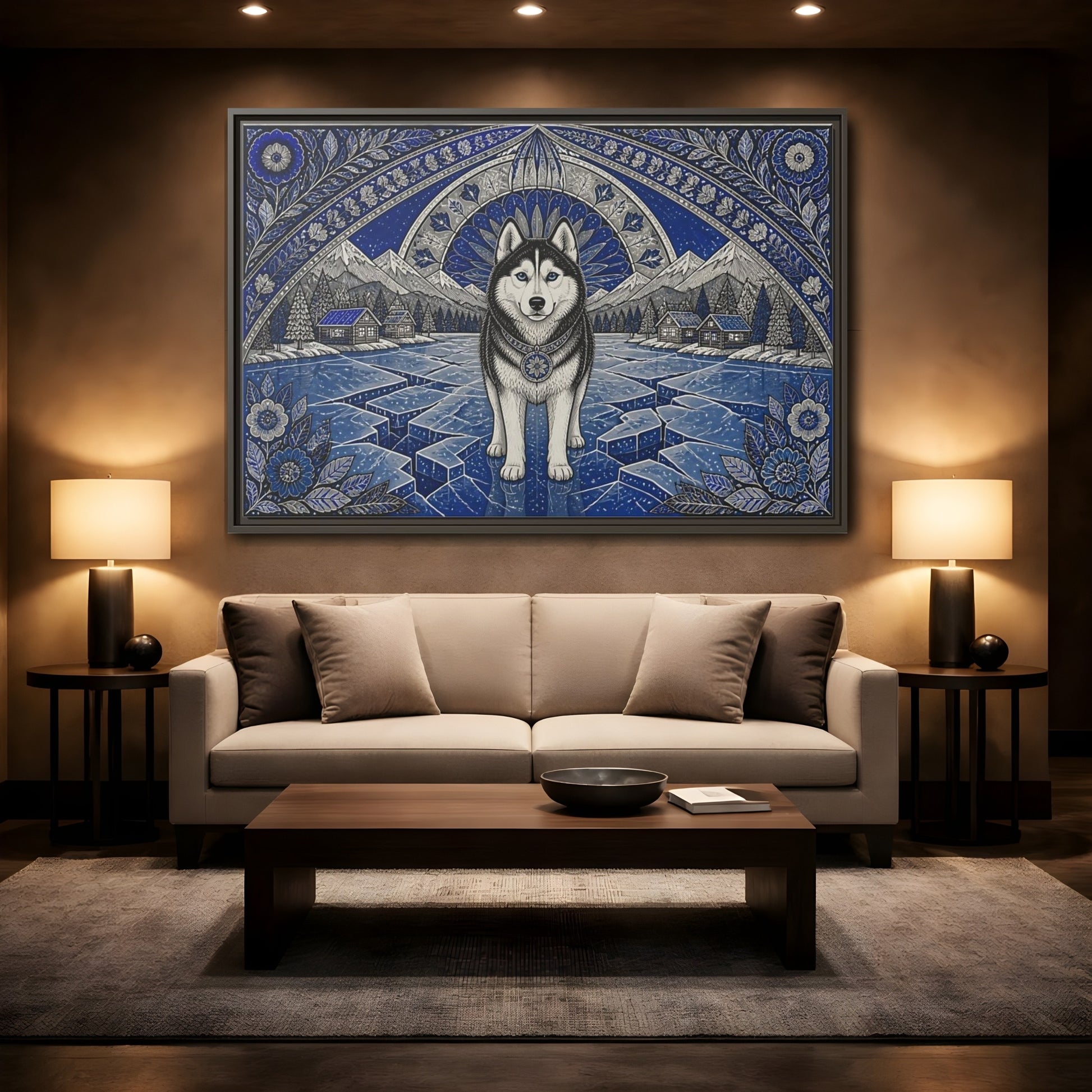 Mockup 2. Blue Husky Winter Guardian shown as framed canvas print