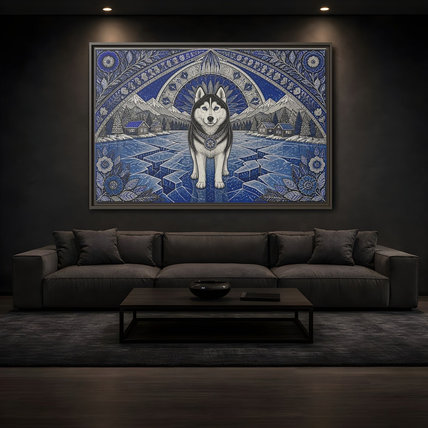 Mockup 3. Blue Husky Winter Guardian shown as framed canvas print