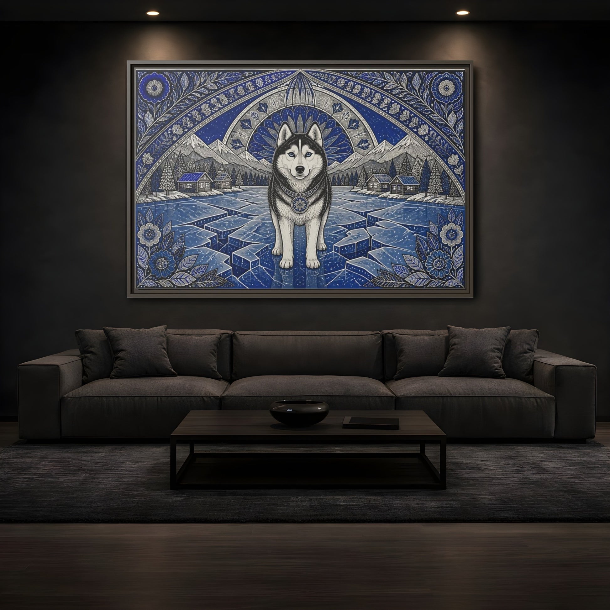 Mockup 3. Blue Husky Winter Guardian shown as framed canvas print