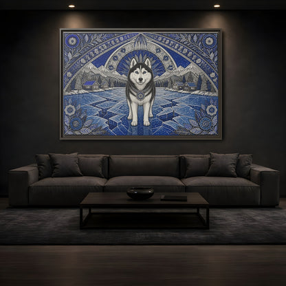 Mockup 3. Blue Husky Winter Guardian shown as framed canvas print