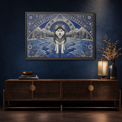 Mockup 4. Blue Husky Winter Guardian shown as framed canvas print