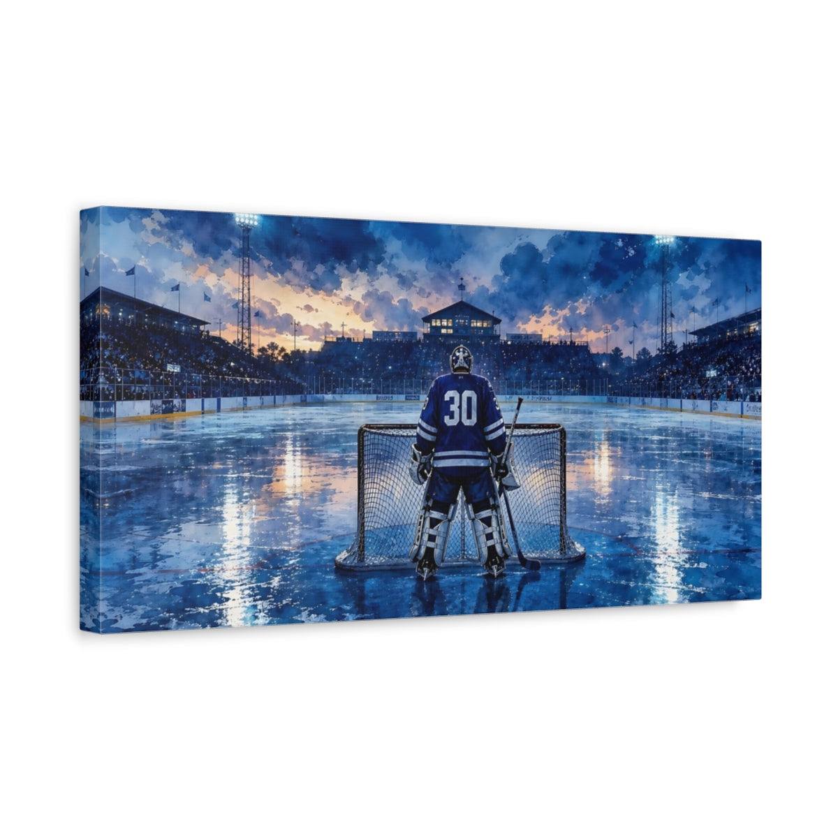 Side Mockup 3. Blue Ice Goalie shown as canvas print