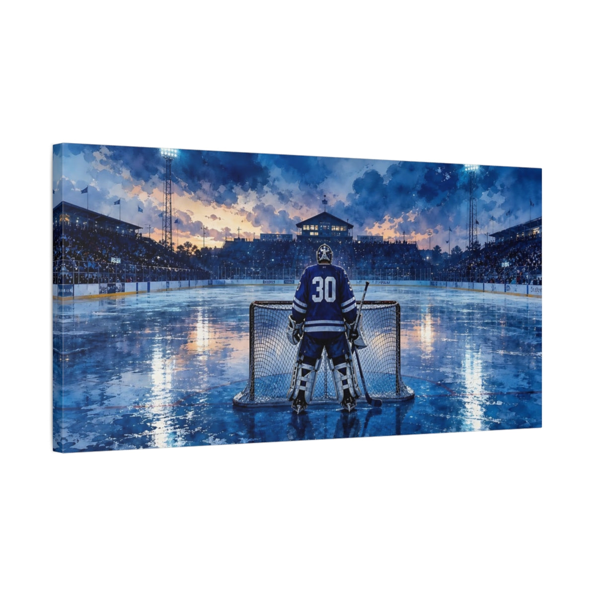 Side Mockup 1. Blue Ice Goalie shown as canvas print