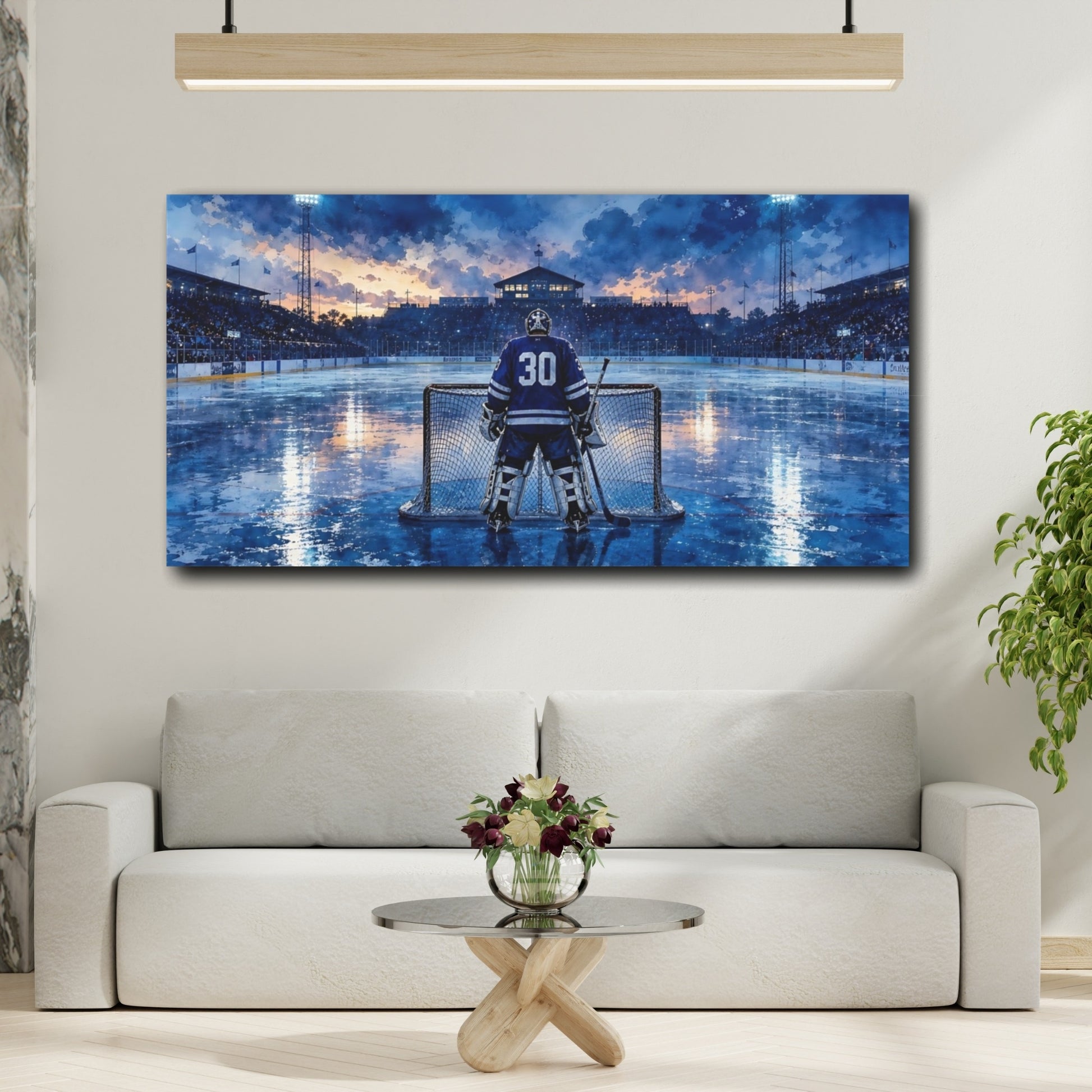 Mockup 2. Blue Ice Goalie shown as canvas print