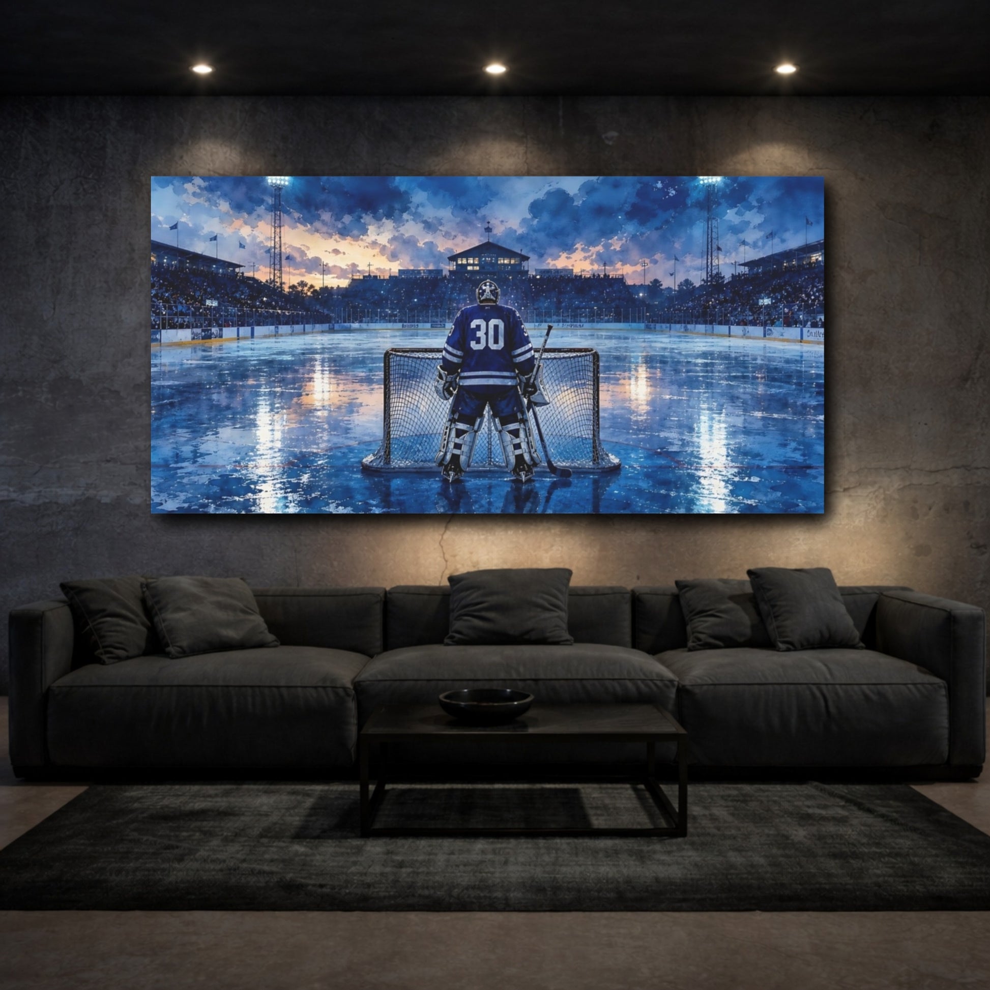Mockup 3. Blue Ice Goalie shown as canvas print