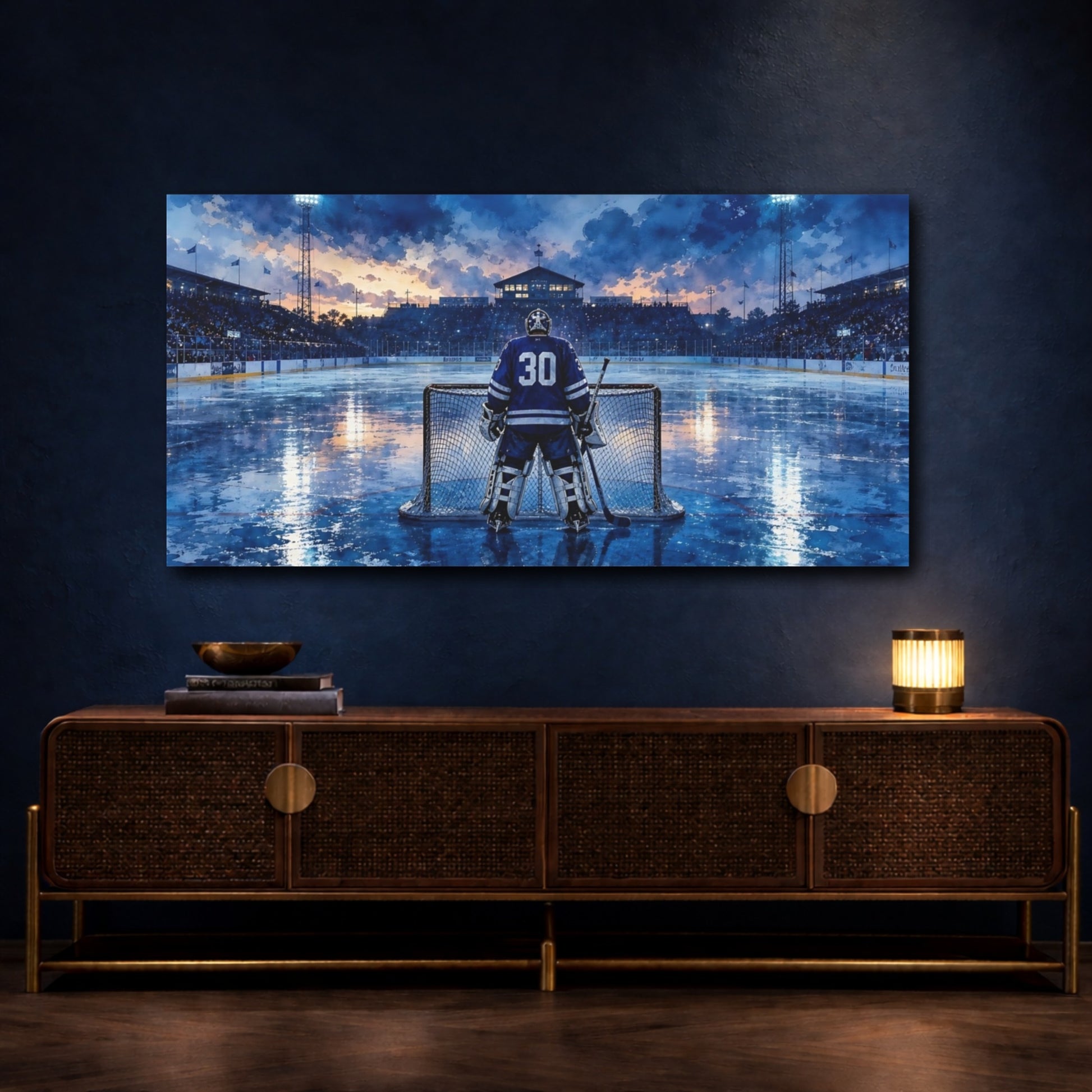 Mockup 4. Blue Ice Goalie shown as canvas print