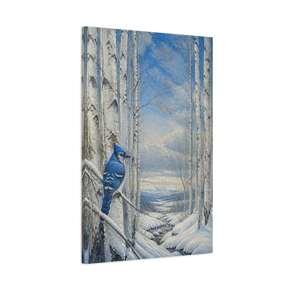 Main Mockup. Blue Jay In Winter Birch shown as canvas print