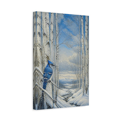 Side Mockup 4. Blue Jay In Winter Birch shown as canvas print