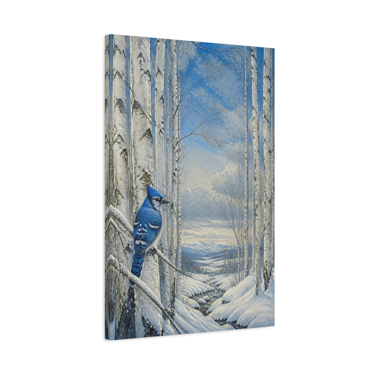 Side Mockup 2. Blue Jay In Winter Birch shown as canvas print