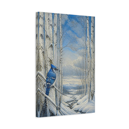 Side Mockup 3. Blue Jay In Winter Birch shown as canvas print