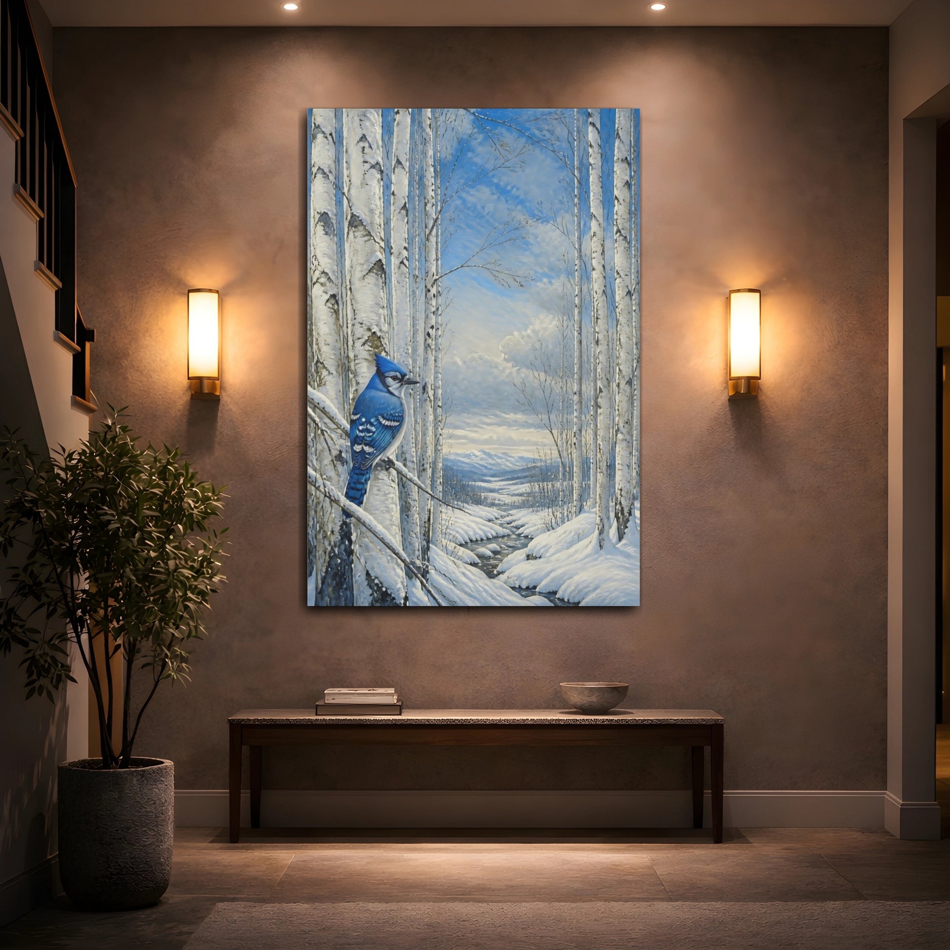 Mockup 2. Blue Jay In Winter Birch shown as canvas print