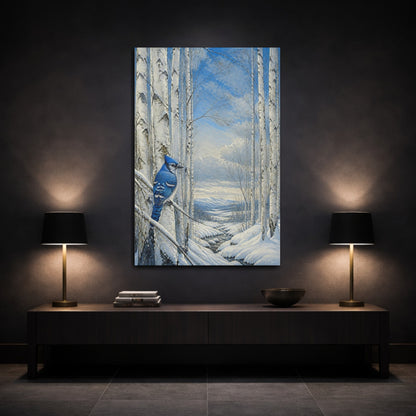 Mockup 3. Blue Jay In Winter Birch shown as canvas print