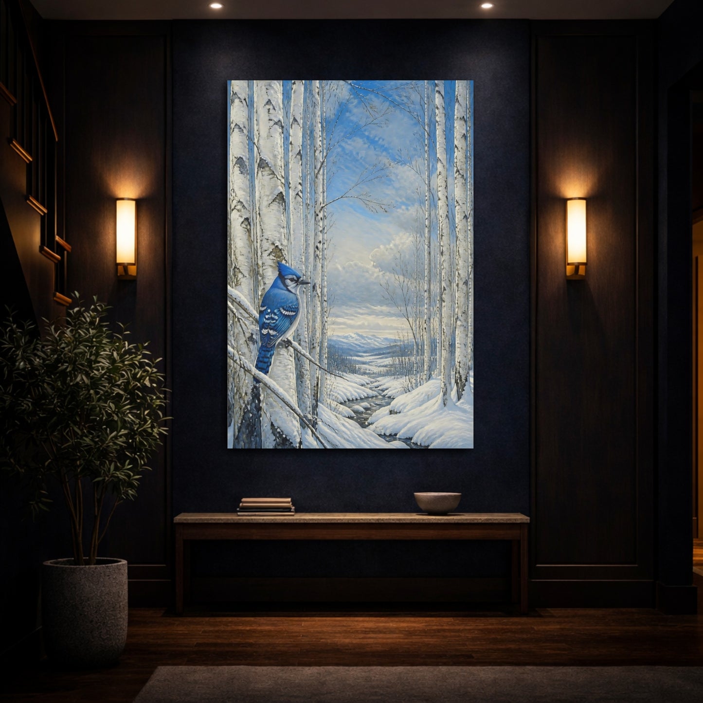 Mockup 4. Blue Jay In Winter Birch shown as canvas print