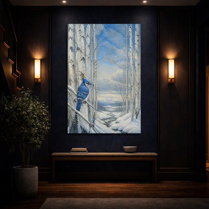 Mockup 4. Blue Jay In Winter Birch shown as canvas print