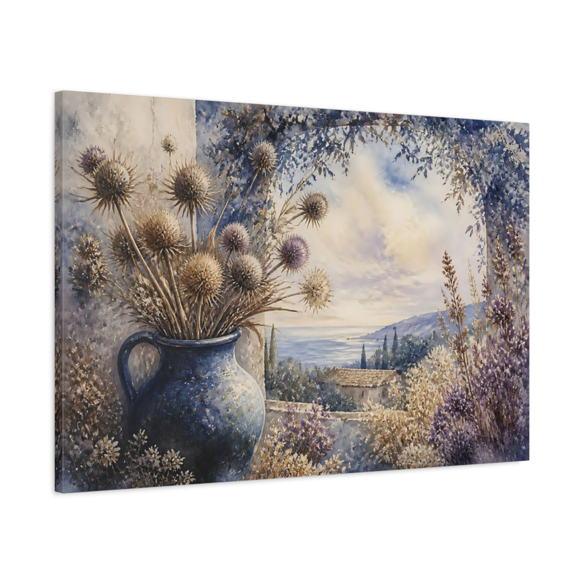 Main Mockup. Blue Jug With Thistles shown as canvas print