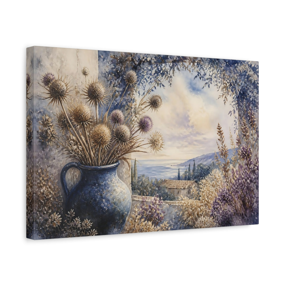 Side Mockup 4. Blue Jug With Thistles shown as canvas print