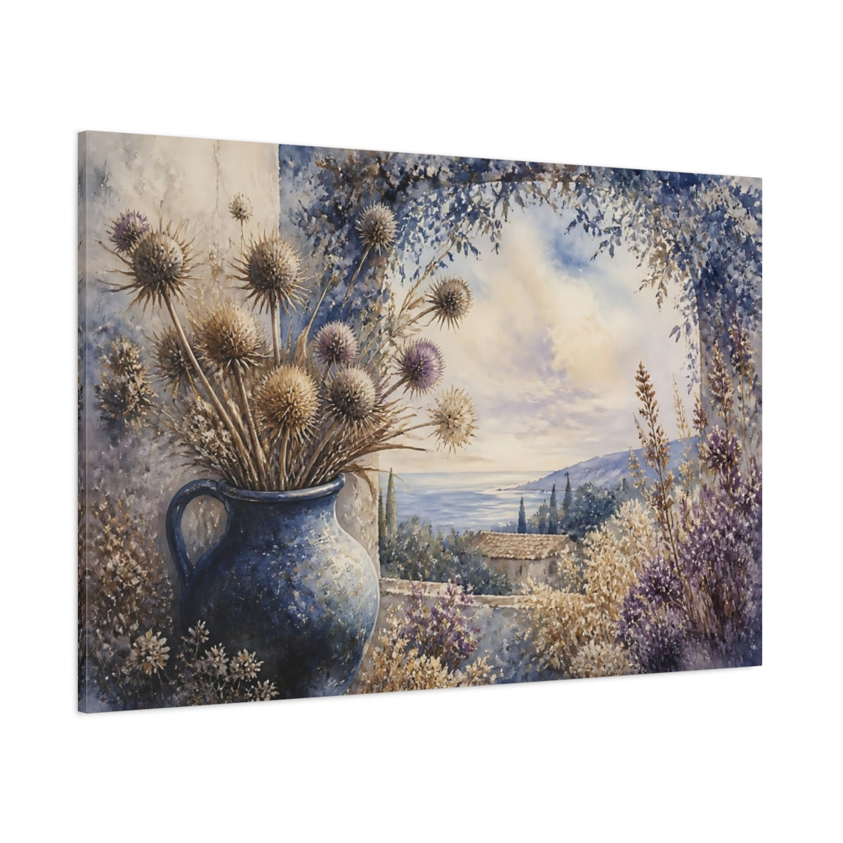Side Mockup 1. Blue Jug With Thistles shown as canvas print