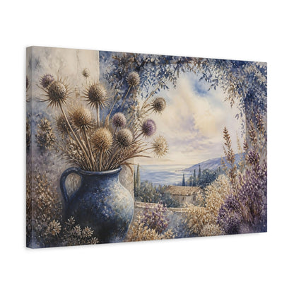Side Mockup 3. Blue Jug With Thistles shown as canvas print