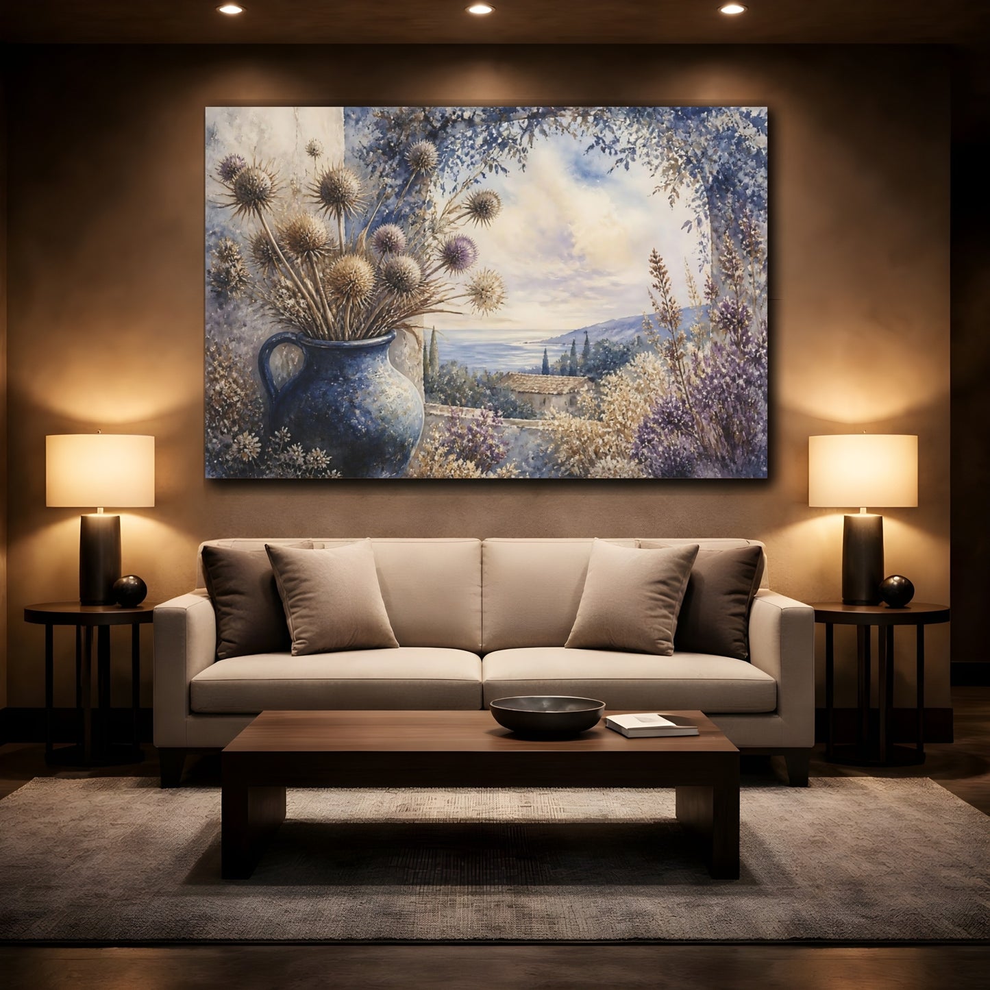 Mockup 2. Blue Jug With Thistles shown as canvas print