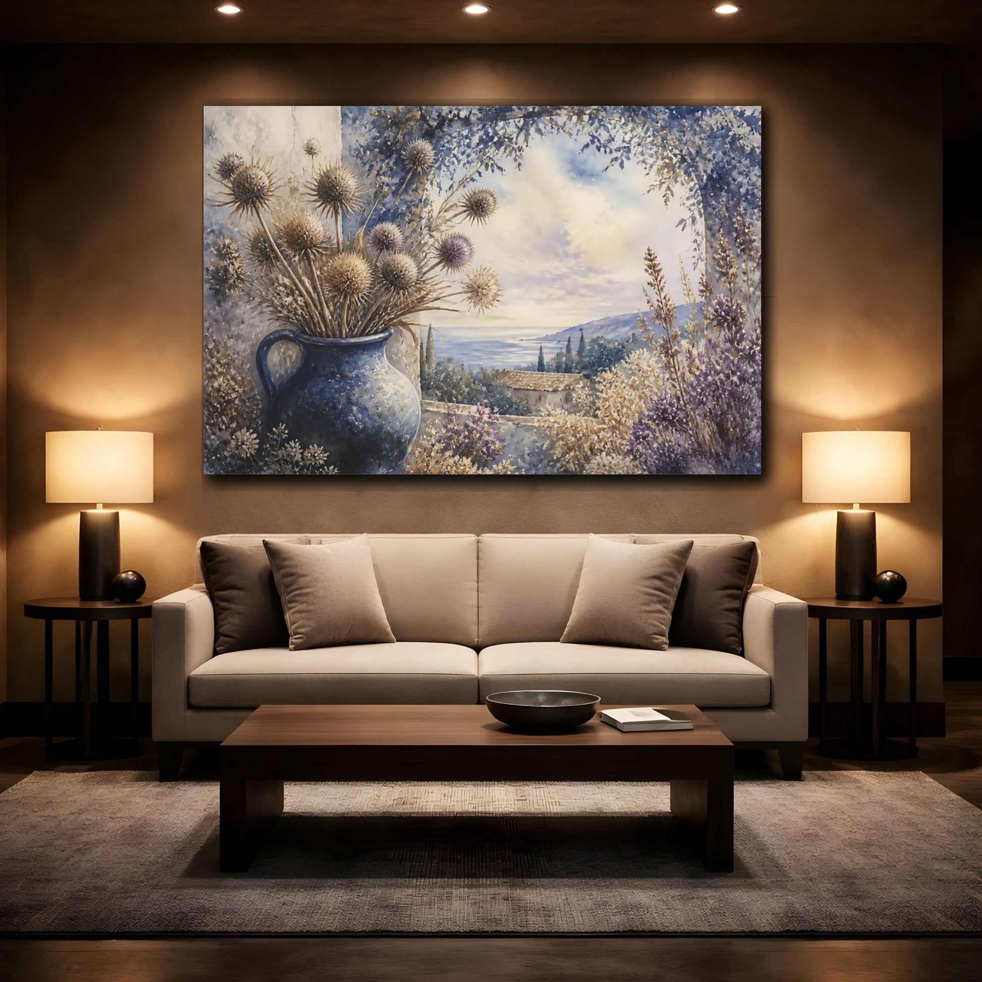 Mockup 2. Blue Jug With Thistles shown as canvas print