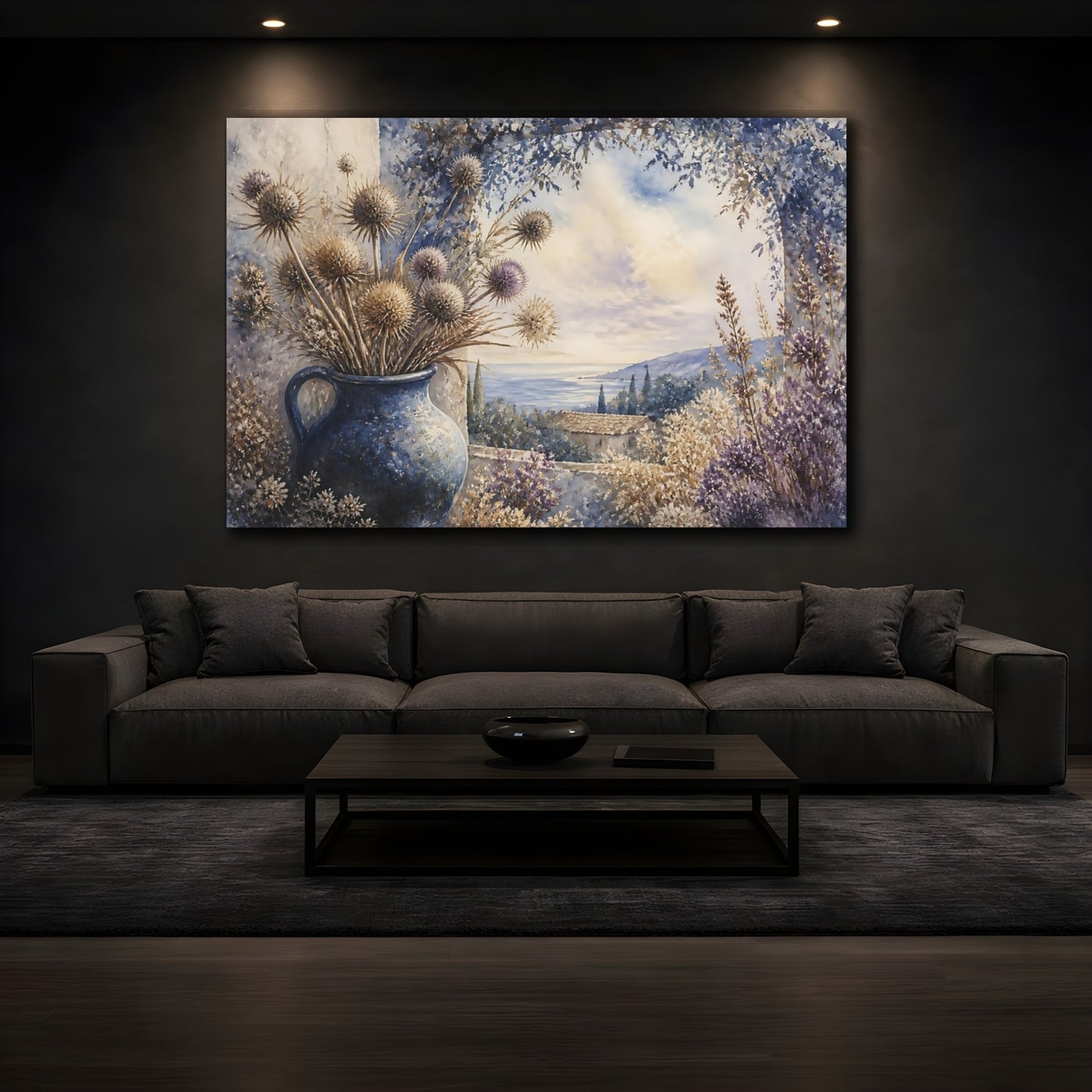 Mockup 3. Blue Jug With Thistles shown as canvas print