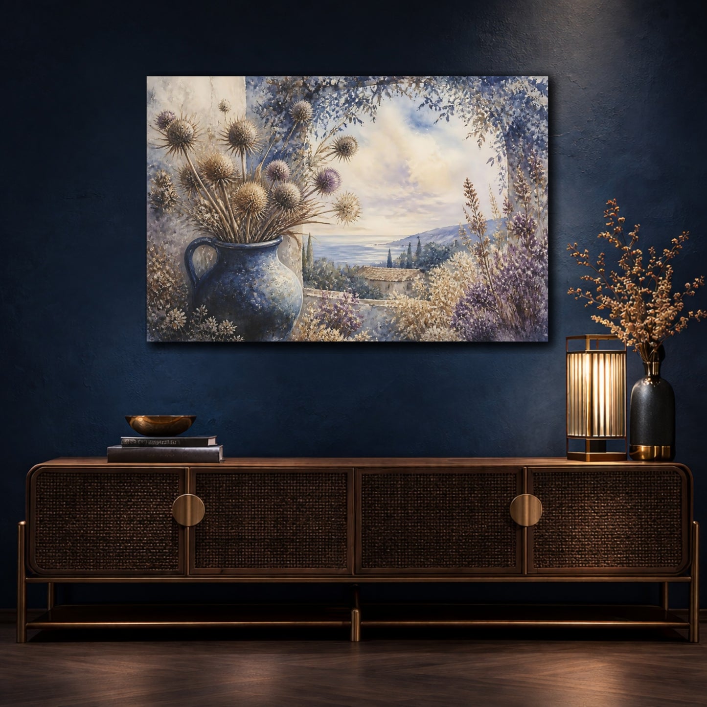Mockup 4. Blue Jug With Thistles shown as canvas print