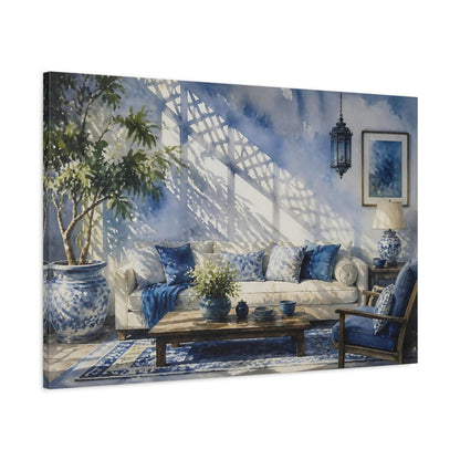 Main Mockup. Blue Living Room Sofa shown as canvas print