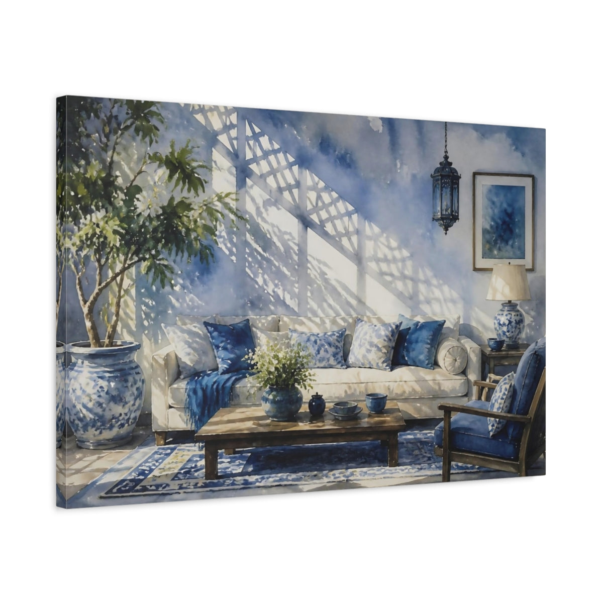 Side Mockup 2. Blue Living Room Sofa shown as canvas print