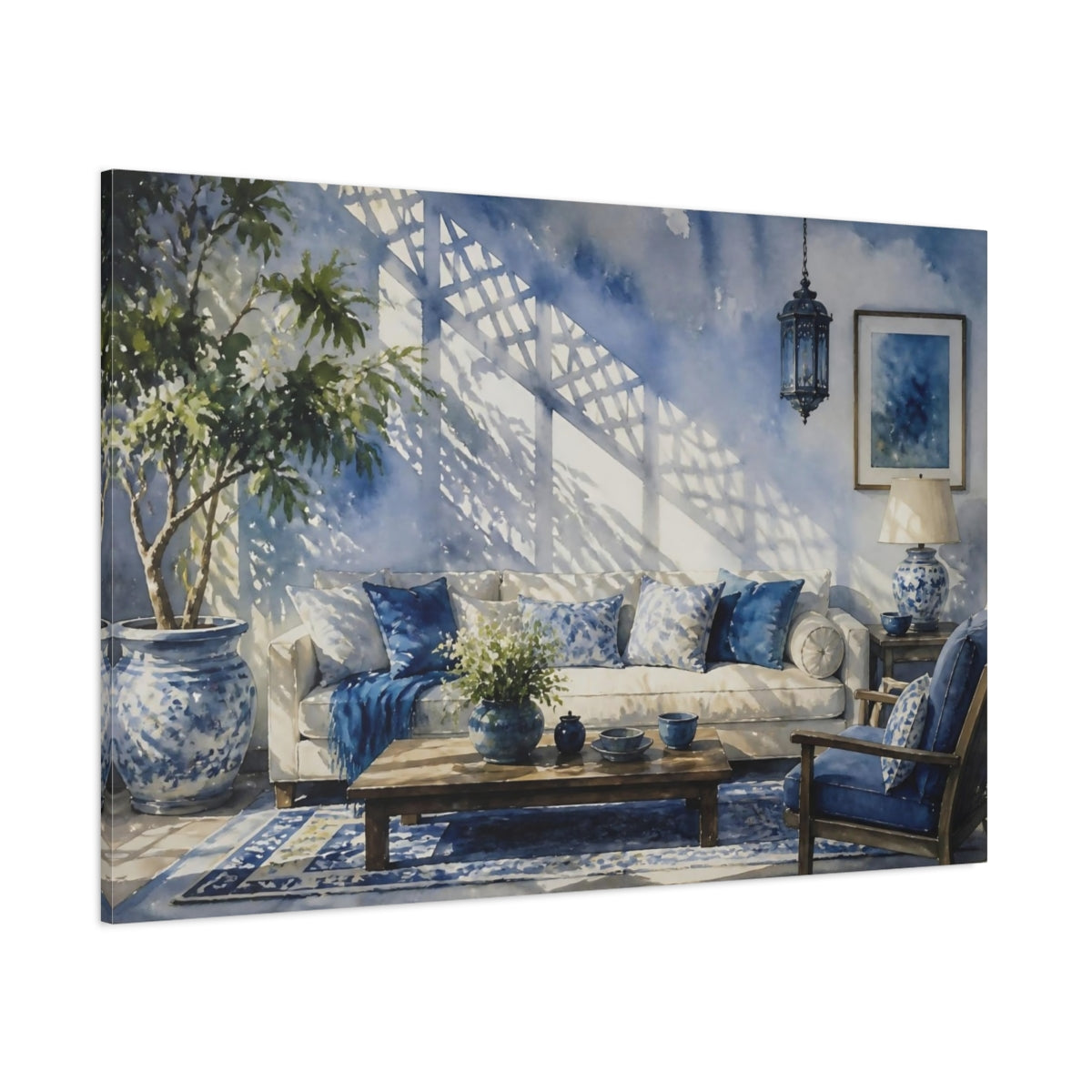 Side Mockup 1. Blue Living Room Sofa shown as canvas print