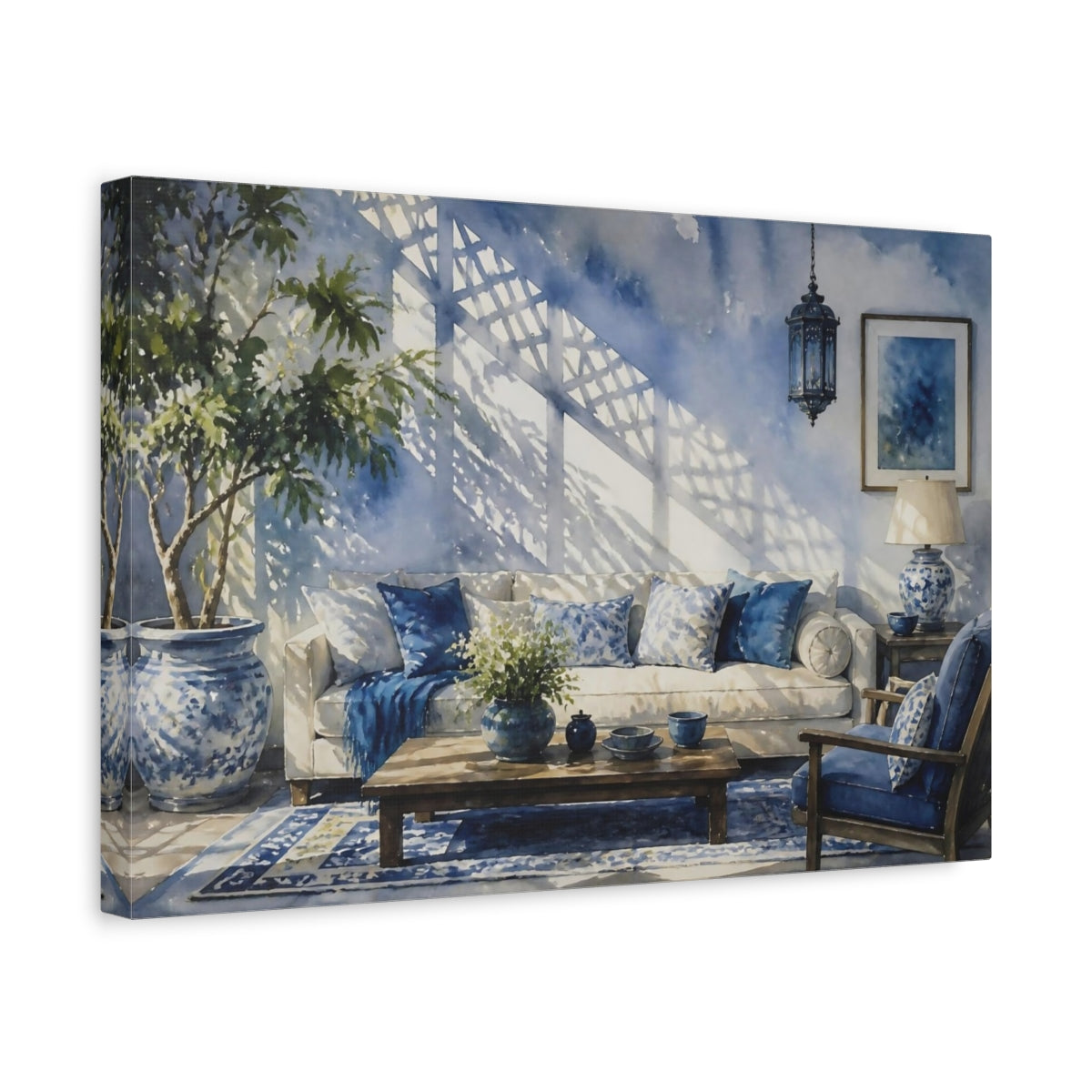 Side Mockup 4. Blue Living Room Sofa shown as canvas print