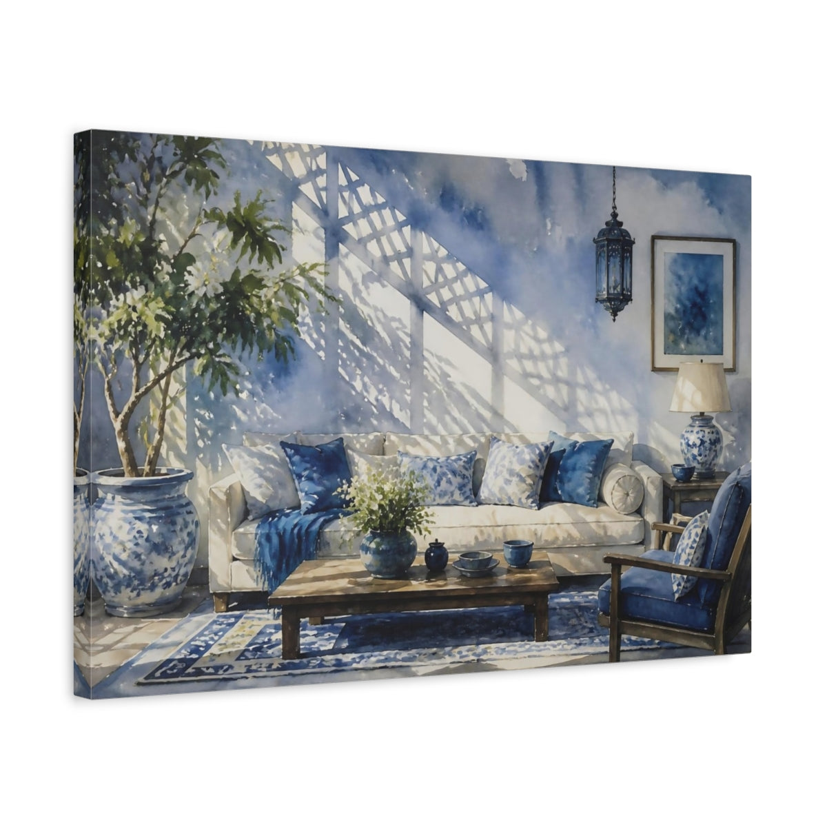 Side Mockup 3. Blue Living Room Sofa shown as canvas print