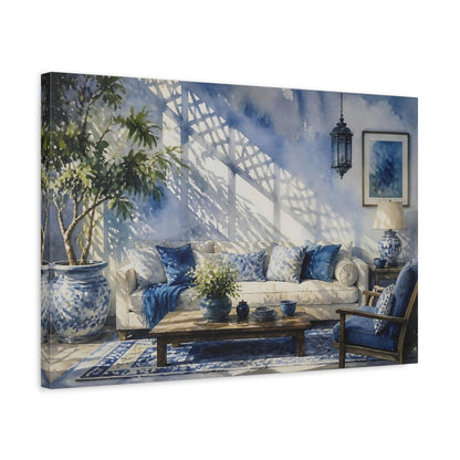 Side Mockup 3. Blue Living Room Sofa shown as canvas print