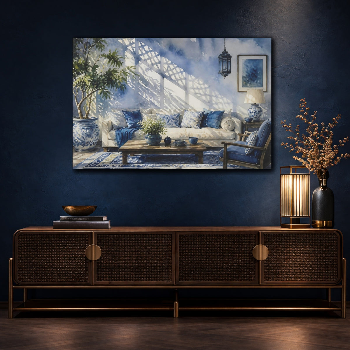 Mockup 4. Blue Living Room Sofa shown as canvas print