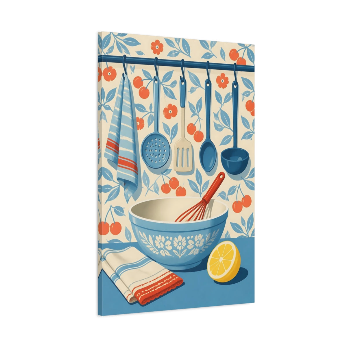 Main Mockup. Blue Mixing Bowl & Utensils shown as canvas print