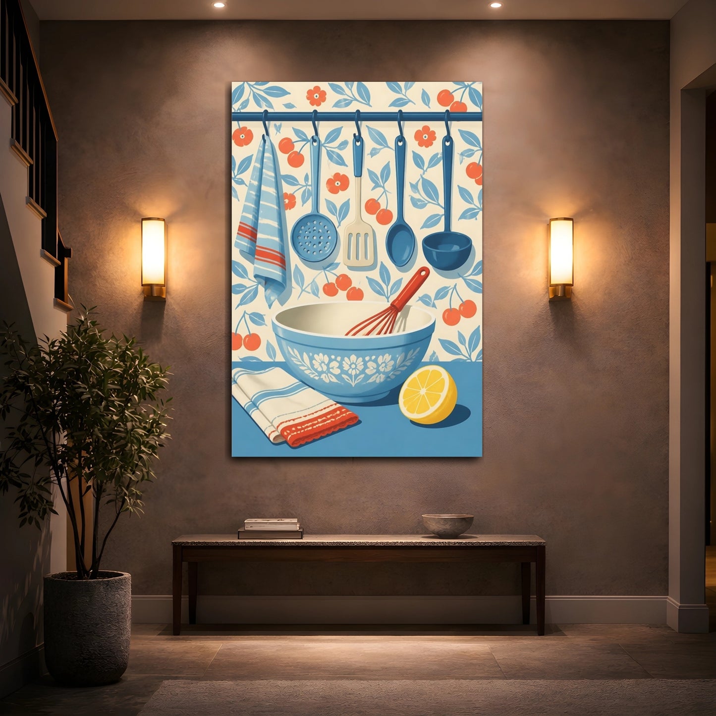 Mockup 2. Blue Mixing Bowl & Utensils shown as canvas print