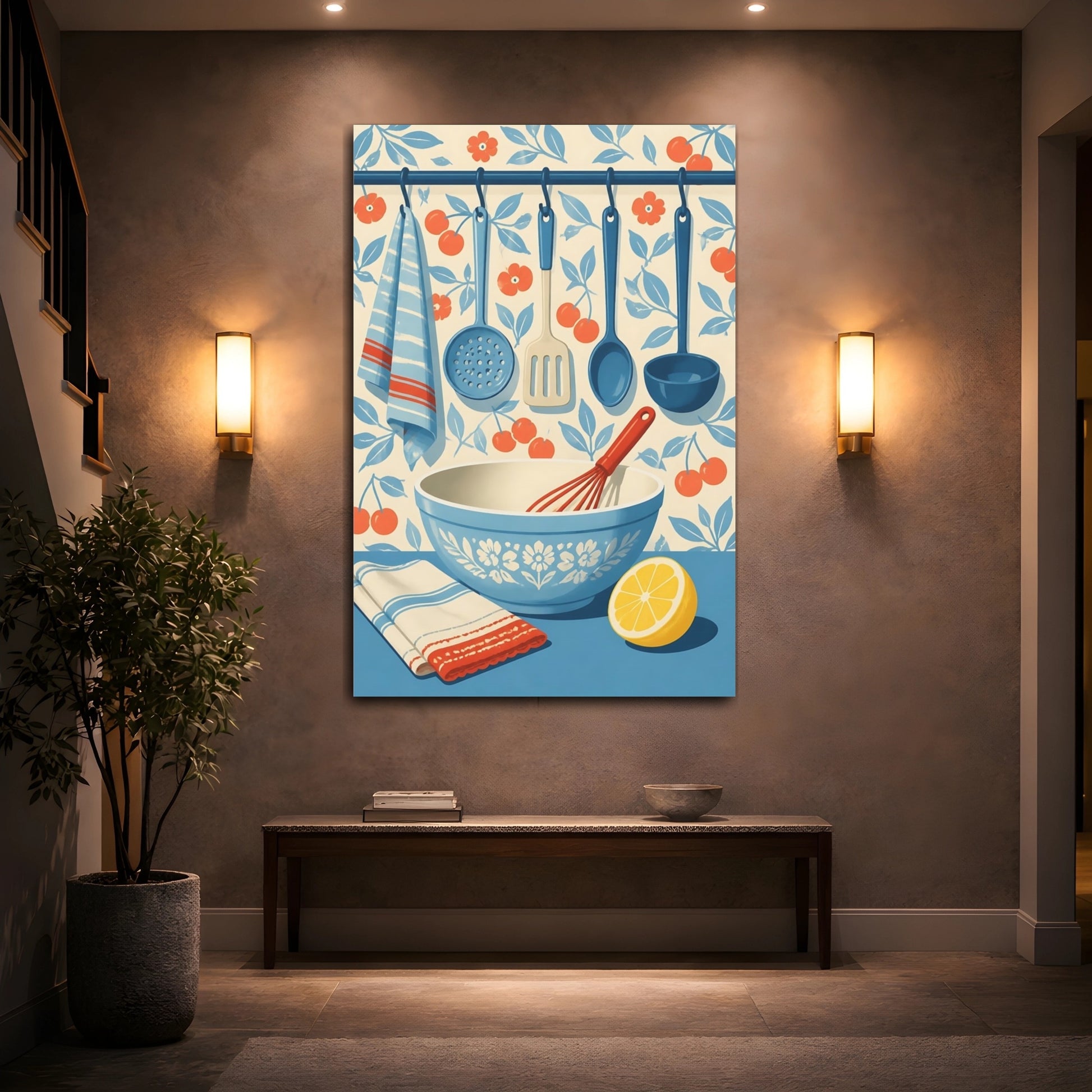 Mockup 2. Blue Mixing Bowl & Utensils shown as canvas print