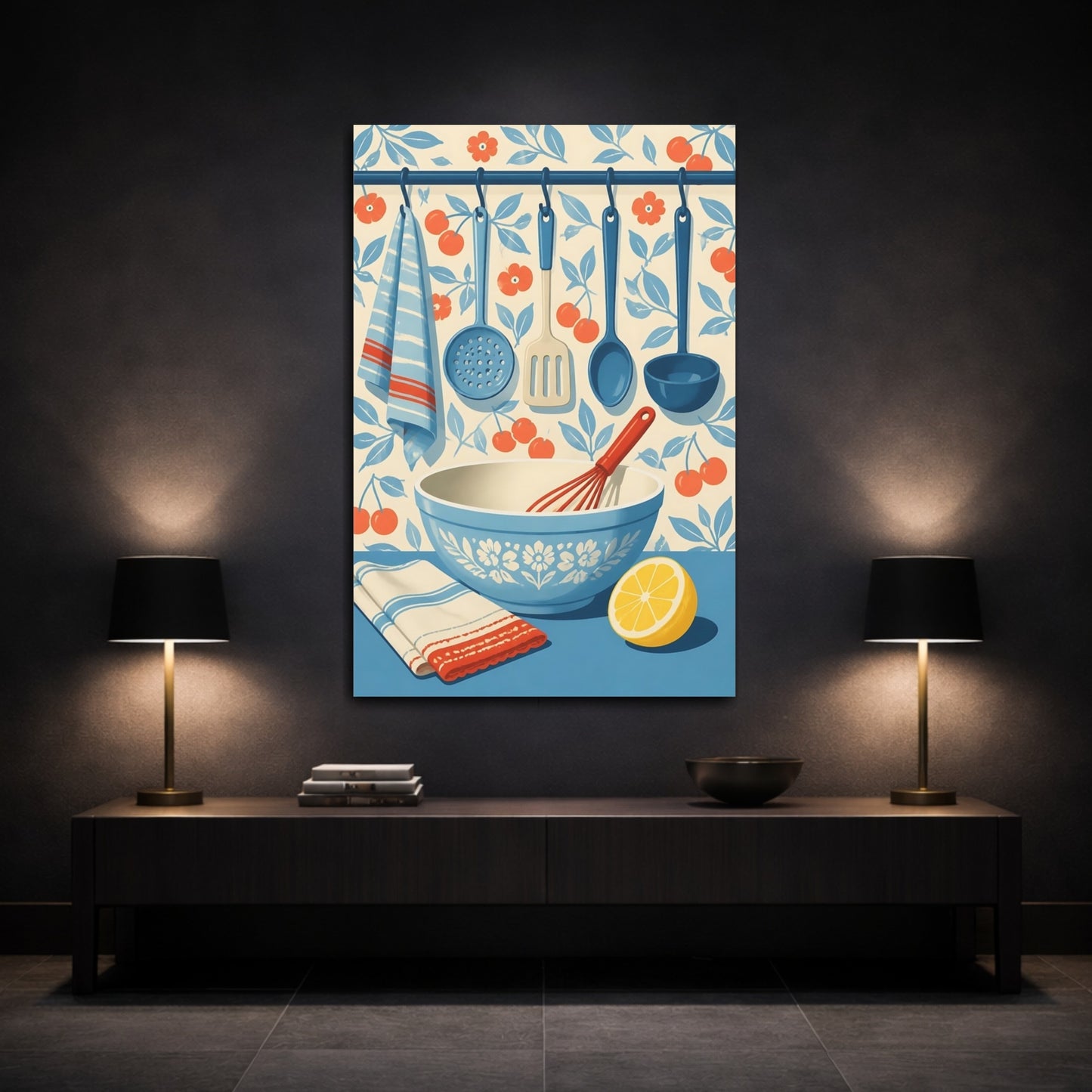 Mockup 3. Blue Mixing Bowl & Utensils shown as canvas print