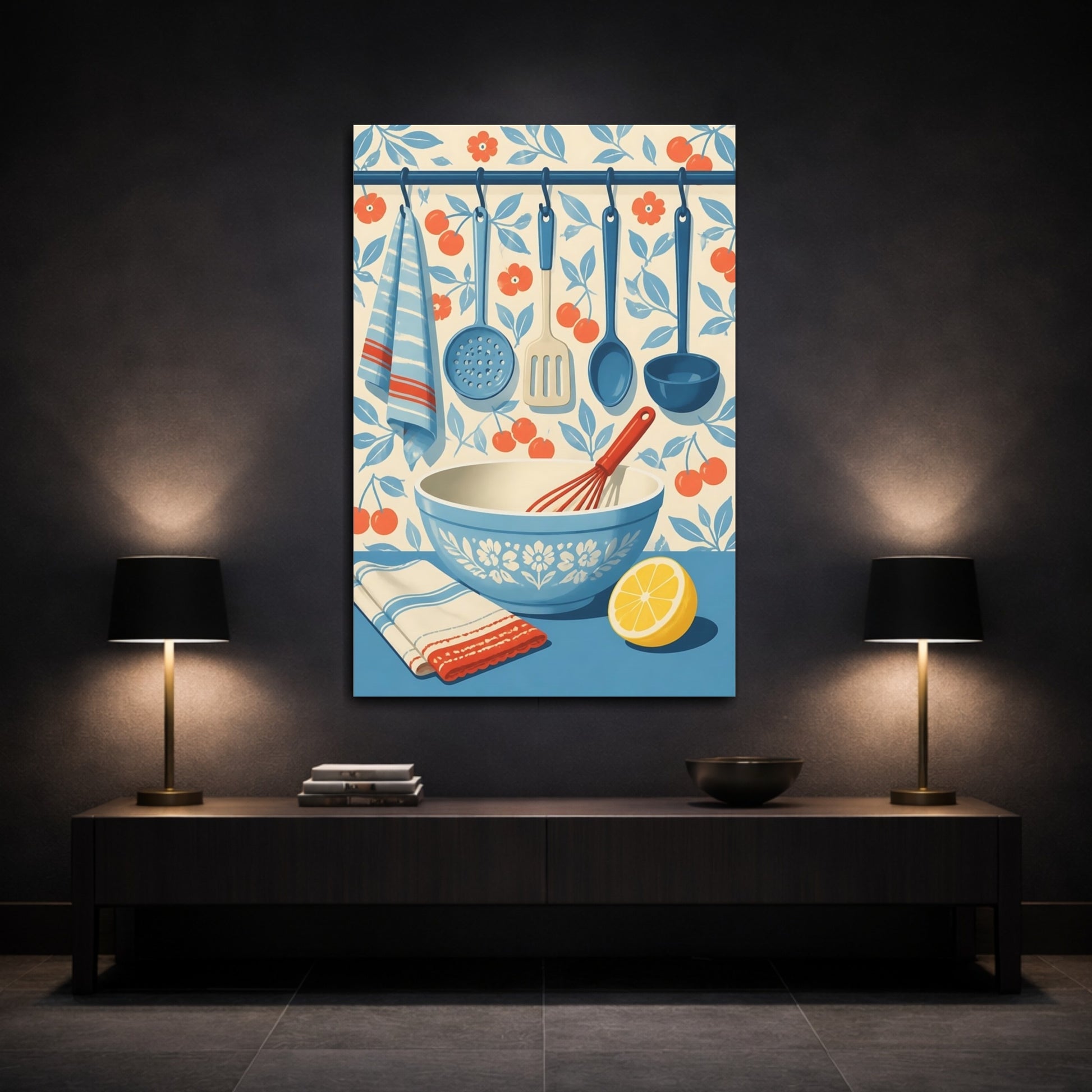 Mockup 3. Blue Mixing Bowl & Utensils shown as canvas print