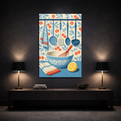 Mockup 3. Blue Mixing Bowl & Utensils shown as canvas print