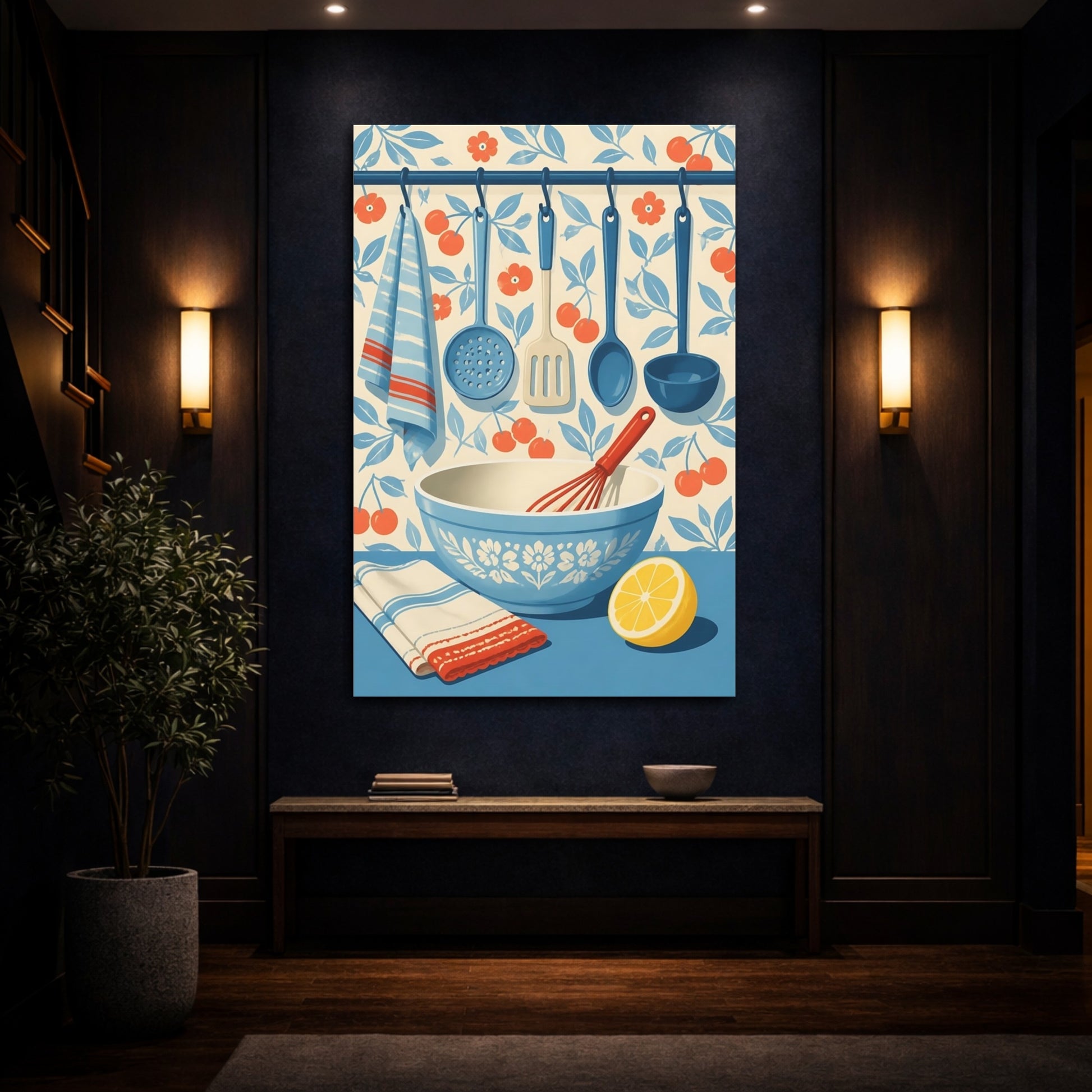 Mockup 4. Blue Mixing Bowl & Utensils shown as canvas print