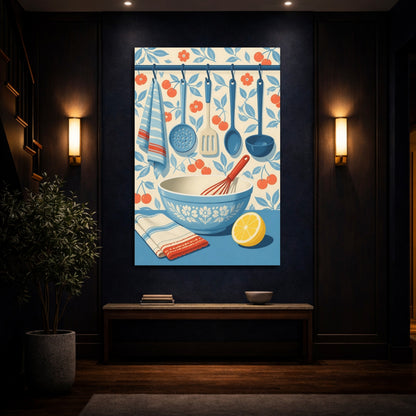 Mockup 4. Blue Mixing Bowl & Utensils shown as canvas print