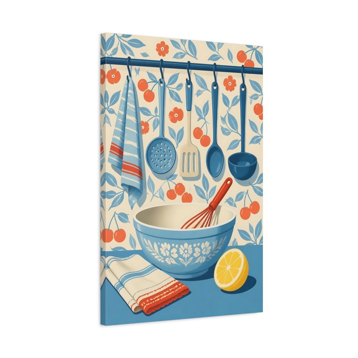 Side Mockup 2. Blue Mixing Bowl & Utensils shown as canvas print