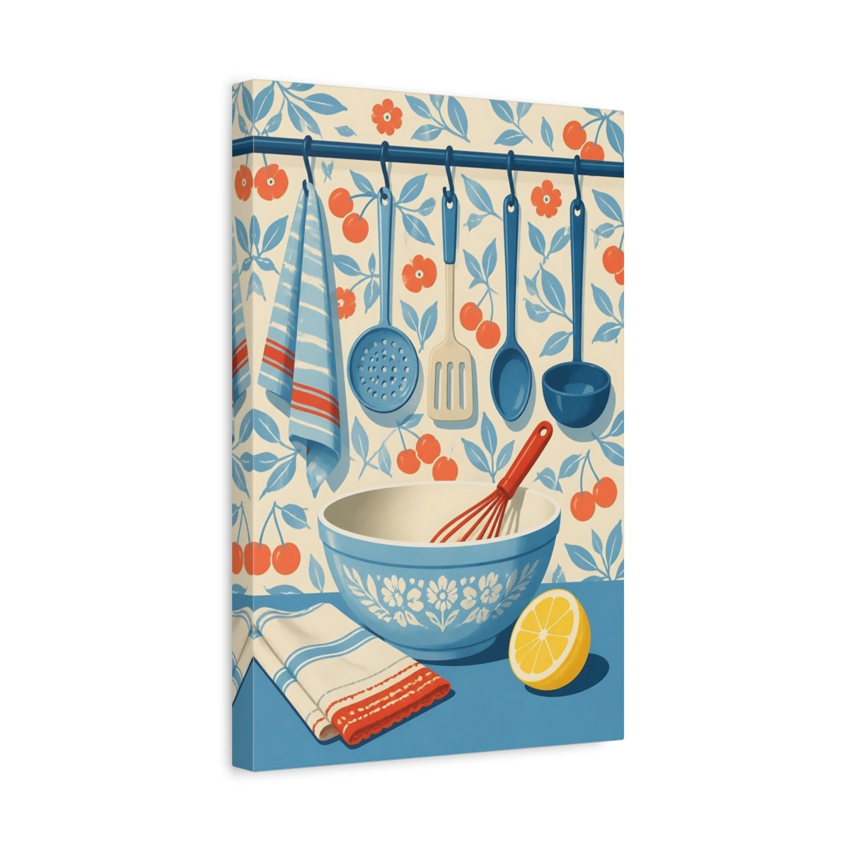Side Mockup 4. Blue Mixing Bowl & Utensils shown as canvas print