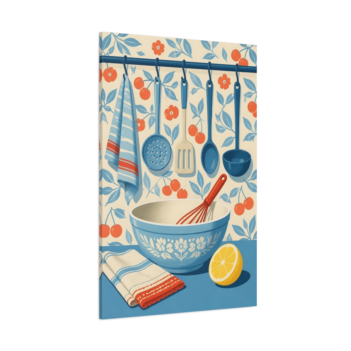 Side Mockup 1. Blue Mixing Bowl & Utensils shown as canvas print