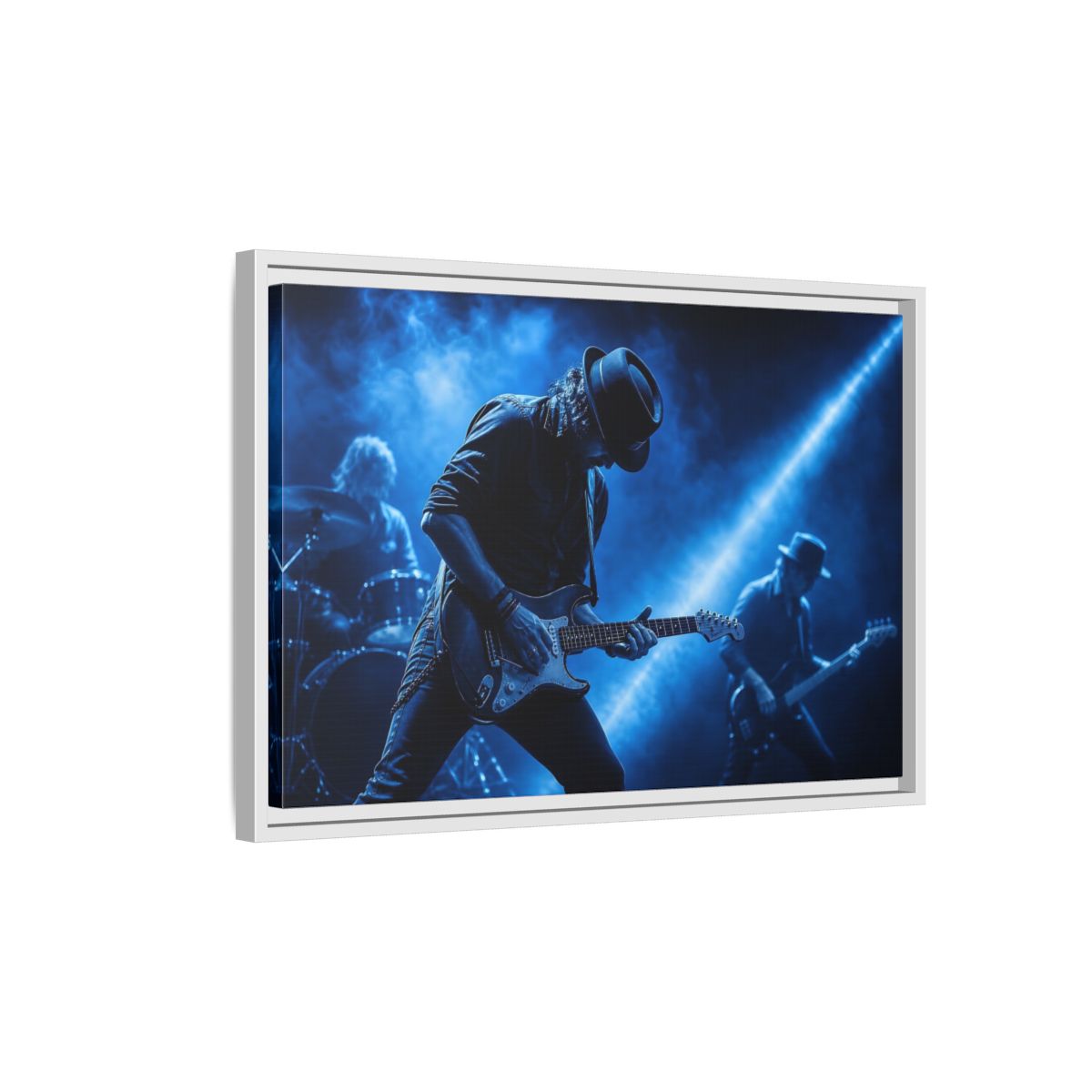 Side Mockup 1. Blue Rock Guitarist shown as framed canvas print
