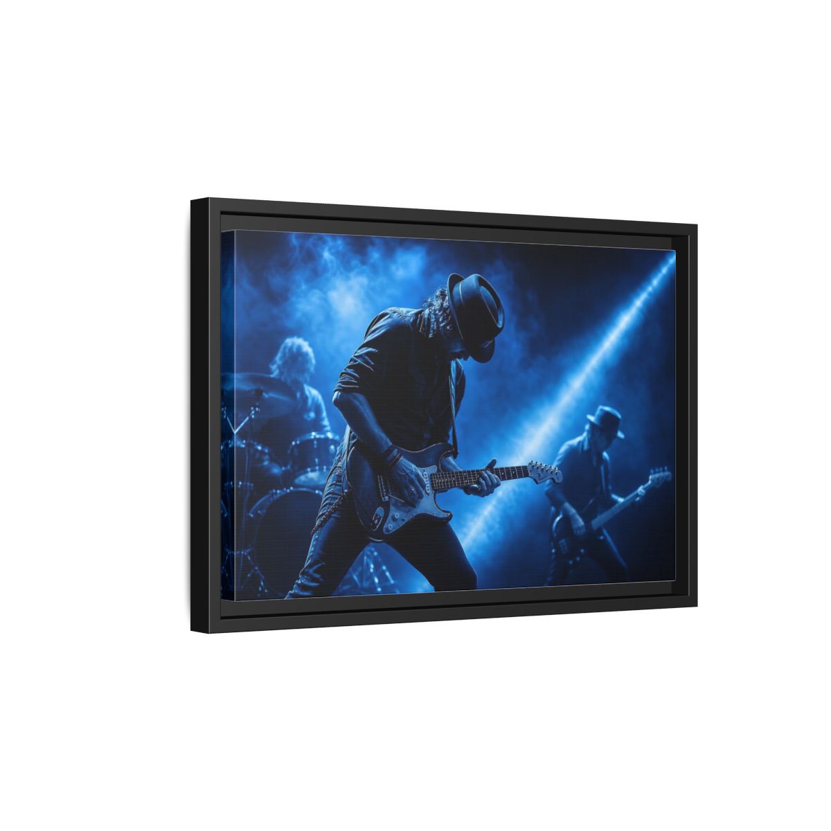 Side Mockup 6. Blue Rock Guitarist shown as framed canvas print
